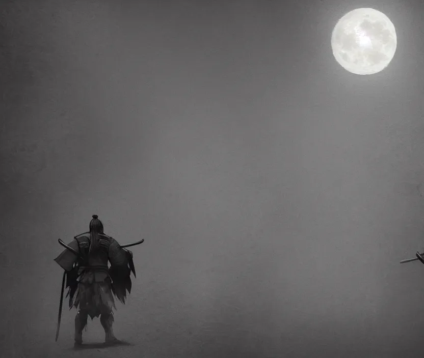 Image similar to '2d design graphic a samurai in the night ,big white moon background , gloomy and foggy atmosphere, octane render, artstation trending, horror scene, highly detailded'