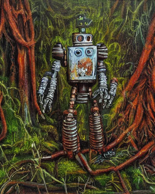 Image similar to detailed oil painting of a decayed, rusty, robot, covered in moss, in a forest, painted by Greg Rukowtski, sunlight