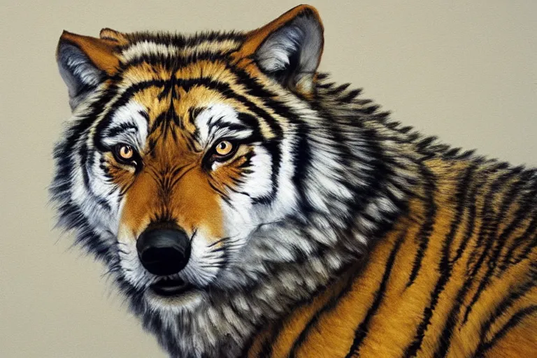 Prompt: wolf tiger hybrid animal, portrait by tim eitel