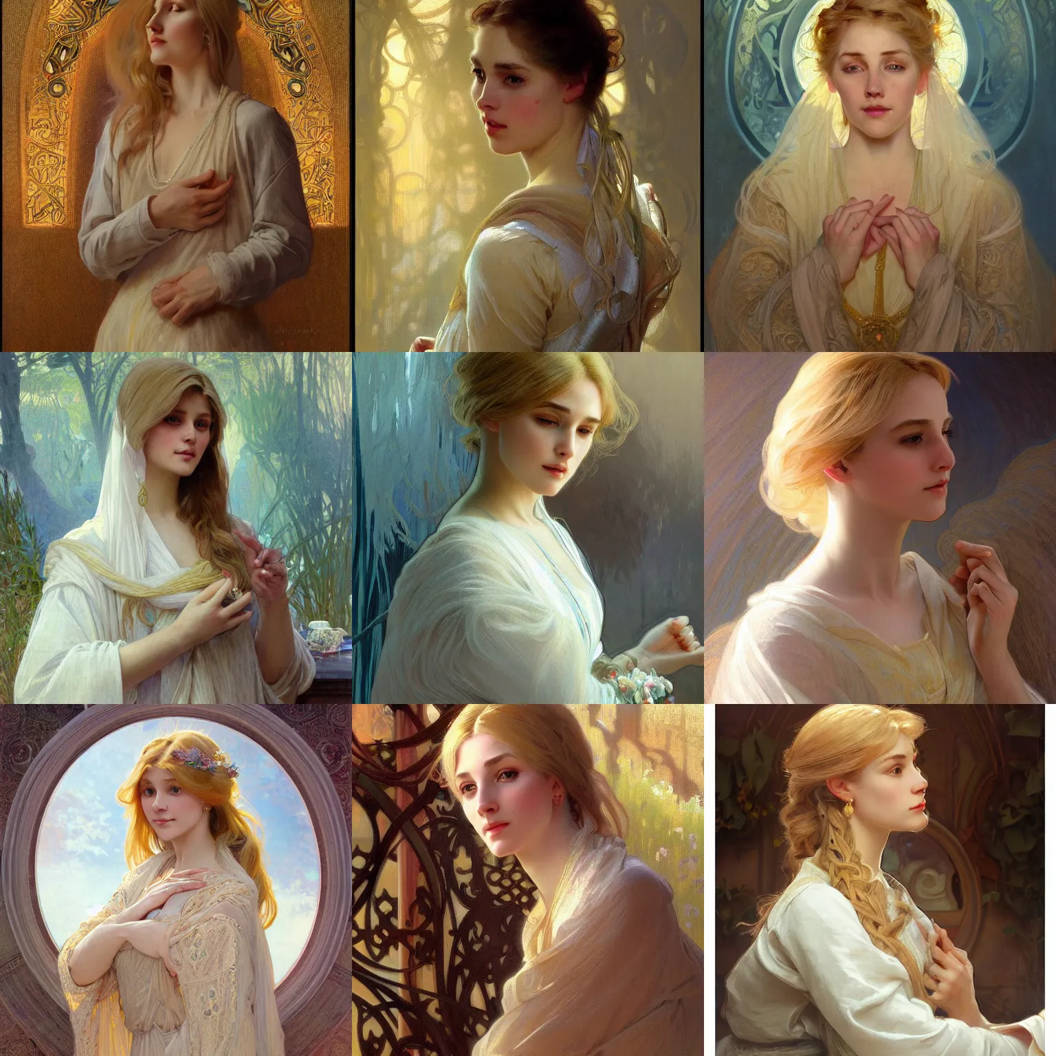 Image similar to painted portrait of a modest wife blessed by god with ever - increasing intelligence beauty and virtue. blonde, clothed holy body, light effect. feminine, powerful, in clothes! intricate, elegant, highly detailed, digital painting, artstation, concept art, smooth, sharp focus, illustration, art by gaston bussiere and alphonse mucha