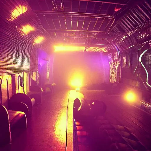 Image similar to underground club, secret, cyberpunk dance music, lights, ambiance