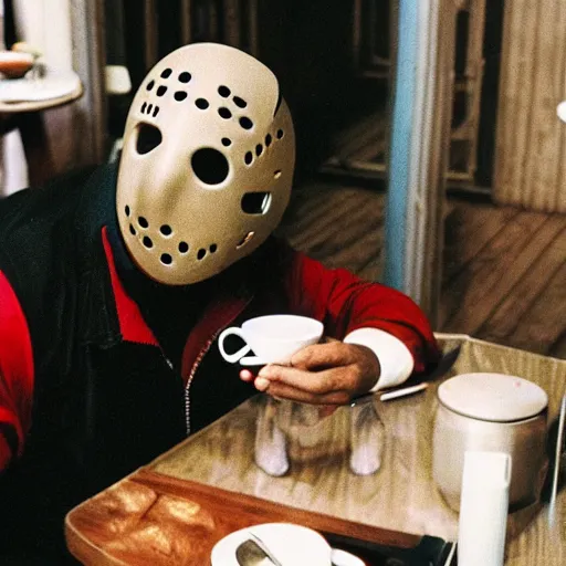 Image similar to photograph of jason voorhees having a coffee at an european caffé