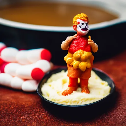 Prompt: a tiny bigfoot clown stands in a pool of gravy on a plate of mashed potatoes, professional foot photography, tilt shift