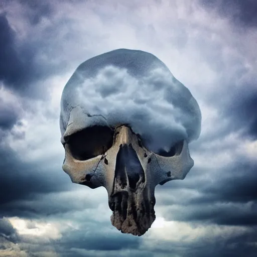 Image similar to skull in the sky made out of clouds, thunder, dramatic lighting