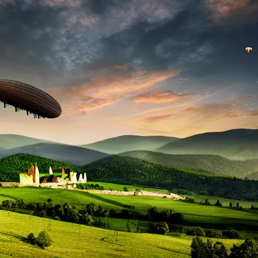 Image similar to Vast verdant valley surrounded by Transylvanian mountains, with a large zeppelin hovering in the foreground, and a ruined medieval castle on the hillside in the background. Late evening light, gloomy weather. Hyperrealistic, high quality, sharp, photography.