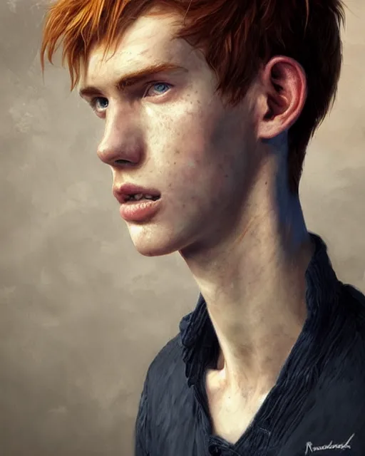 Image similar to portrait of tall, thin, 1 5 - year - old boy with a long nose, a lot of freckles, fiery red hair, and bright blue eyes, hyper realistic face, beautiful eyes, fantasy art, in the style of greg rutkowski, intricate, hyper detailed, smooth