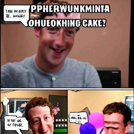 Image similar to mark zuckerberg is inside a computer monitor, handsome bearded man has a birthday cake, happy birthday, confetti, cake, balloons