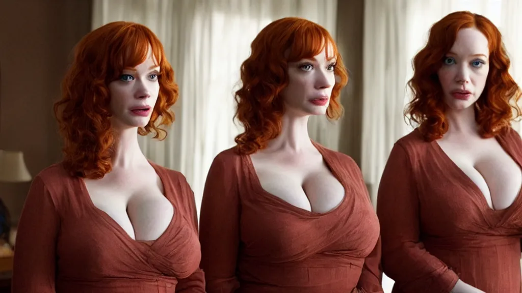 Image similar to a very surprised beautiful Christina Hendricks and her twin sister in the living room, film still from the movie directed by Denis Villeneuve with art direction by Salvador Dalí, wide lens