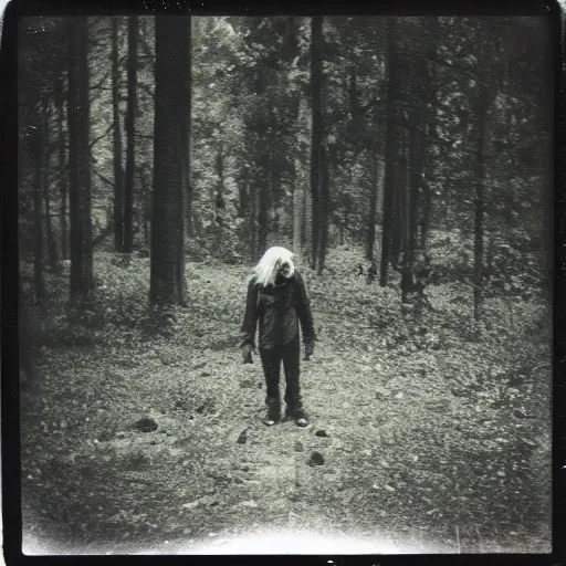Prompt: old polaroid photo of a zombie in a forest, very dark vibes, fog,