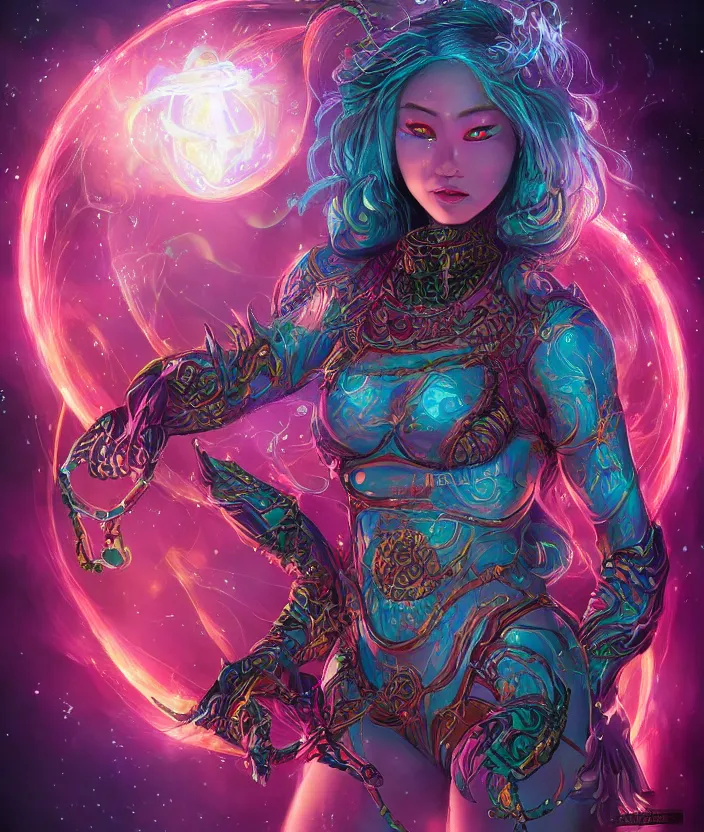 Image similar to asian female Void Walker, slavic style, bikini, intricate details, colourful, atmospheric light, cosmic background, by Randy Vargas and Arthur Adams