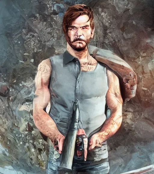Image similar to scene of muscular, tired and alcoholic 3 0 - year - old grieving man with short darkblonde hair, serious sad look in his eyes, looking down, dirty beard, blue eyes, jumping from plane, wearing dirty soldier uniform, on the desert, sad atmosphere, hyper realistic face, character art, art by mark brooks, cryengine, trending on artstation, digital art