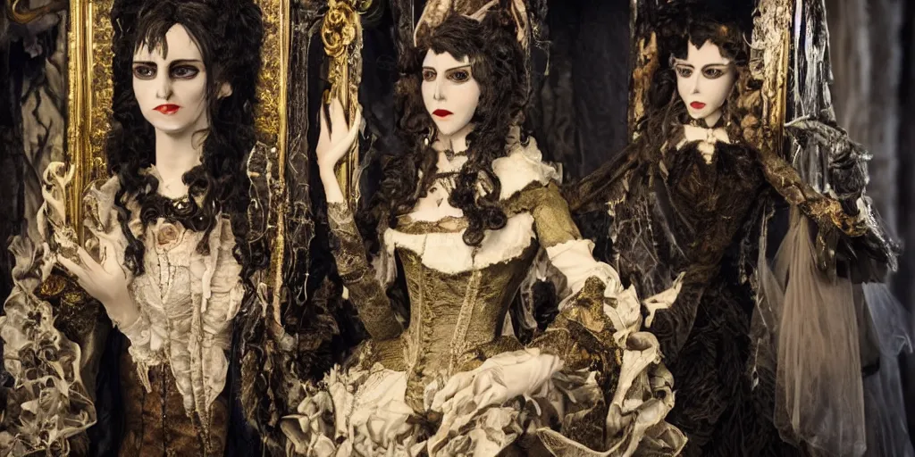 Prompt: photo taken of an epic intricate, ultra detailed, super realistic stop motion puppet of a majestic gracious regal aristocratic brunette female vampires in a gothic victorian filmset studio created by weta workshop and tim burton, menacing, wide angle, full body shots, photorealistic, sharp focus, gloomy, extremely cold blueish colour temperature, 3 5 mm, f 1. 4