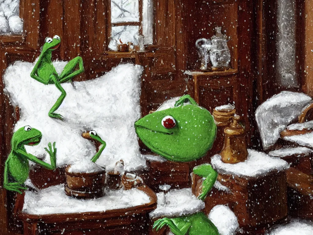 Image similar to Kermit the frog sits as it snows in the interior of a bourgeoise room, Still life with snow.