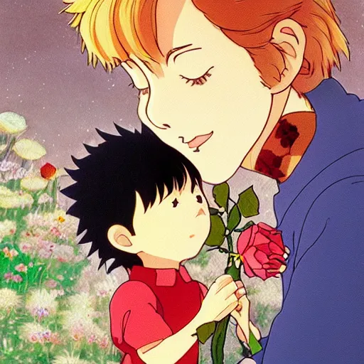 Prompt: the little prince kisses the rose, painted by studio ghibli