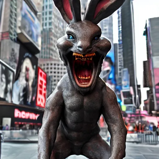 Prompt: a realistic renaissance sculpture of a very scary bunny with sharp teeth made by michelangelo, standing in times square, 3 d render, hyper detailed, sharp focus, 8 k resolution