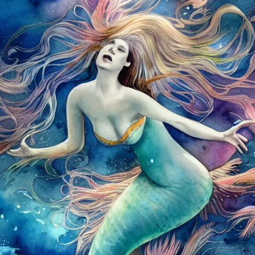 Prompt: watercolor beautiful mermaid swimming underwater, watercolor, hyperdetailed, 4 k, artstation,