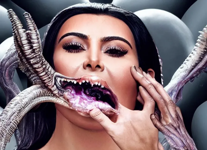 Image similar to film still of kim kardashian being ingested by an xenomorph, alien goo, transparent goo, transparent liquid, saliva, 8 k