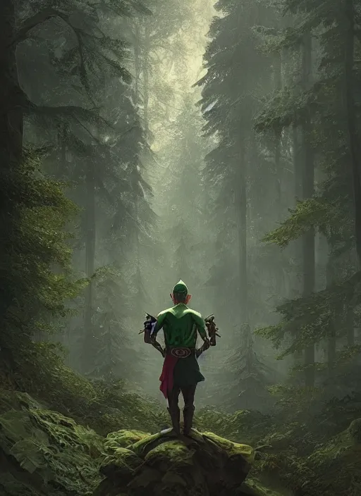 Prompt: elf man wearing dark green with a shield on his back standing at a forest looking for adventure in the mountains, tall trees, landscape is lush, moody sunset in background, greg rutkowski, alphonse mucha, trending on artstation, artgerm, unreal engine, breathtaking, award winning, highly detailed