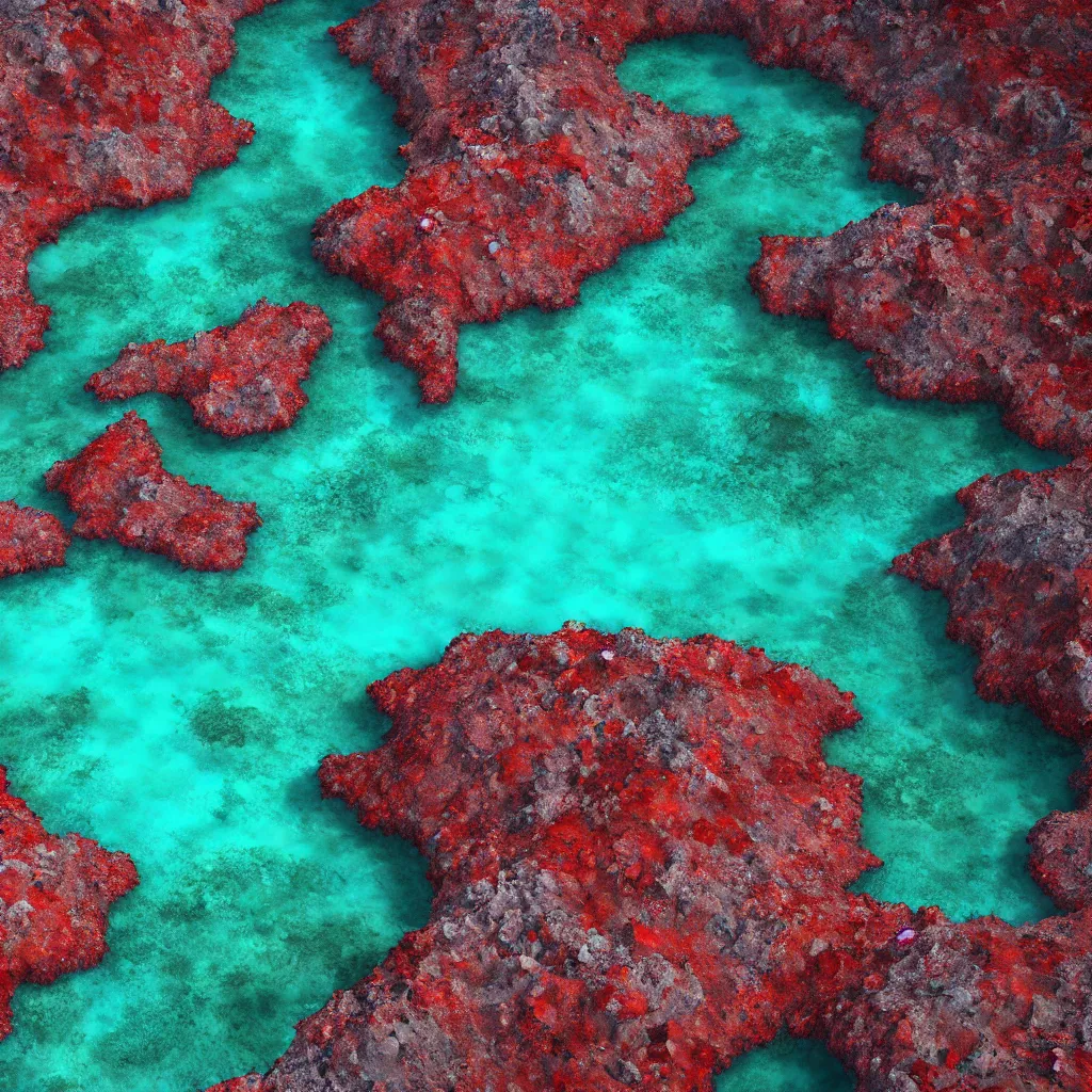 Prompt: bright red starfishes in a crater filled with bright blue water surrounded by bright green algae and grey rocks, Death Valley, octane render, 35mm, sci-fi cinematic movie still