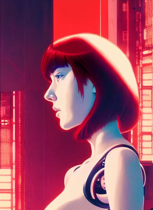Image similar to side portrait of redhead cyborg girl with robotic parts | | head only in center of image, audrey plaza, fine detail!! anime!! realistic shaded lighting!! poster by ilya kuvshinov katsuhiro otomo ghost - in - the - shell, magali villeneuve, artgerm, jeremy lipkin and michael garmash and rob rey