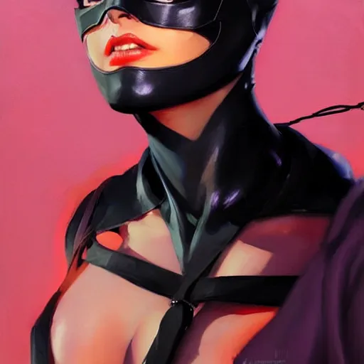 Image similar to Greg Manchess portrait painting of Catwoman as Overwatch character, medium shot, asymmetrical, profile picture, Organic Painting, sunny day, Matte Painting, bold shapes, hard edges, street art, trending on artstation, by Huang Guangjian and Gil Elvgren and Sachin Teng