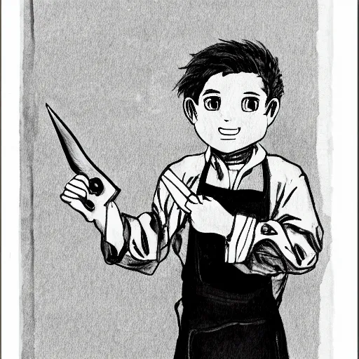 Image similar to a young boy holds a butcher's knife in their hand, anime style, drawn in black pen ink sketch