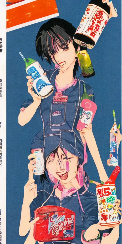 Image similar to y 2 k aesthetic japanese pop - culture magazine illustration, girl in tank - top and denim jump suit holding a can of soda near her smiling face