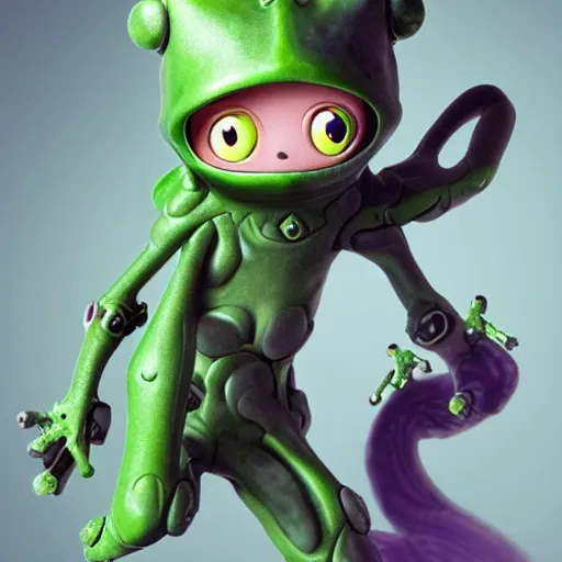 Image similar to little boy wearing an cyborg frog suit, artwork in kentaro miura and made in abyss, smooth, purple and green gamma, studio lighting, beautiful lightness, anatomically correct, trending on pixiv