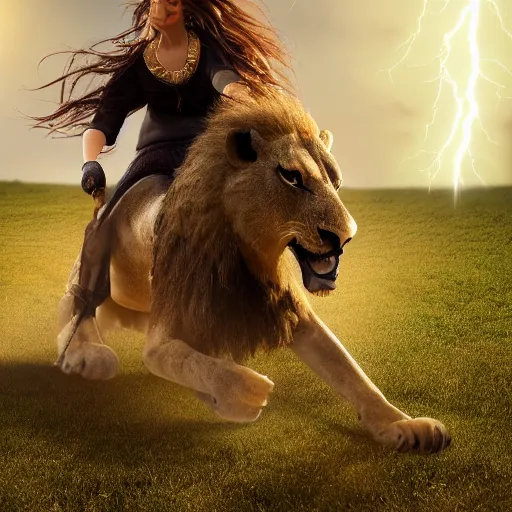 Prompt: girl riding a lion, extremely detailed, high quality, 4 k, cinematic, dramatic lightning, photo realistic,