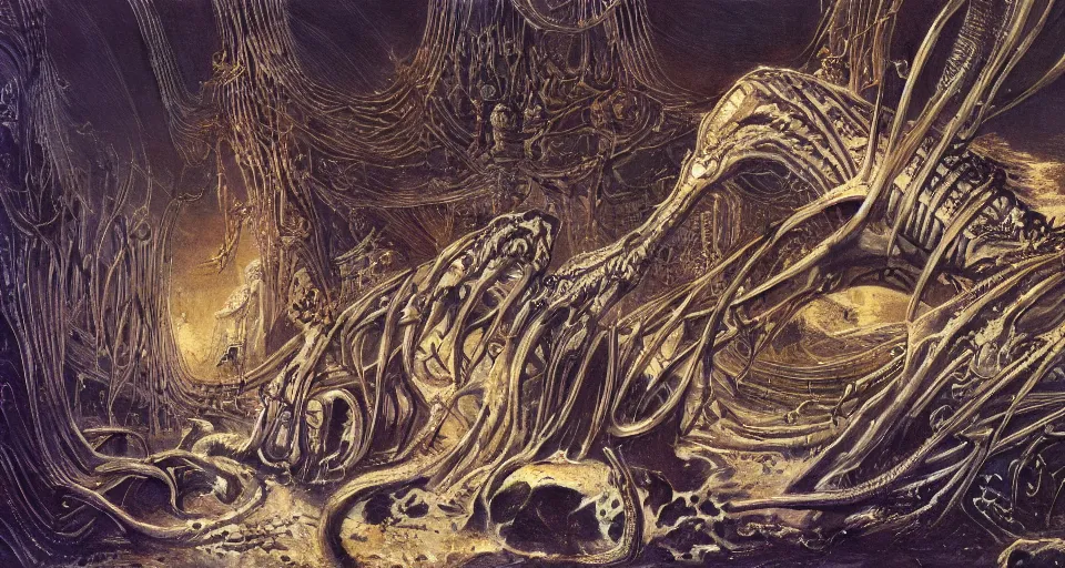 Prompt: carcass of satan, intricate, horror, highly detailed, smooth, sharp focus, illustration, loneliness, great space, bruce pennington and hans ruedi giger, 8 k, very high resolution, astrophotography, processing, extremely hyperdetailed