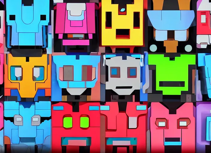 Image similar to 3 rows of 3 framed closeup colorful 3 d - rendered face portraits of cute evil robots from mega man, with a futuristic mechanical background.