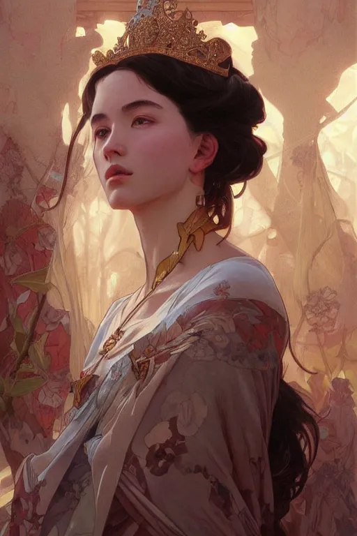 Image similar to the reign of a new princess in the shadow of a thousand suns, detailed digital portrait by artgerm and greg rutkowski and alphonse mucha