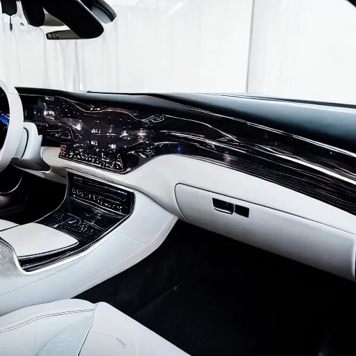 Prompt: cinematic photoshoot of clean modern hand crafted super futuristic tech luxury car interior pro display xpr luxury smooth color metal white silver with black leather padding well design ultrareallistic detailed high quality 8 k photorealistic ultra realistic