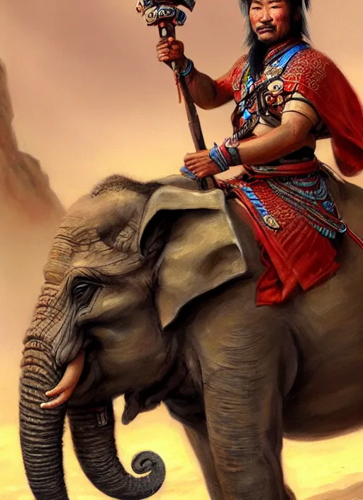 Prompt: portrait of a tai ethnic warlord rides an asian war elephant with emotional movement in the battlefield, closeup portrait, historical, tai ethnic decoration, elegant, loin cloth, highly detailed, oil painting, artstation, concept art, matte, sharp focus, illustration, hearthstone, art by earl norem