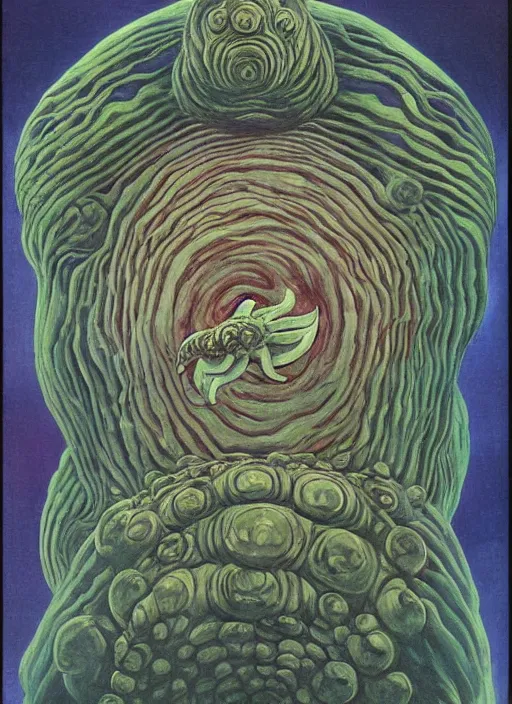 Image similar to a giant tardigrade kaiju retro japanese monster slimy, oil painting, 7 0 s vintage art, by georgia o keeffe, by kay nielsen, by gustave dore, by frank frazetta, nausicaa