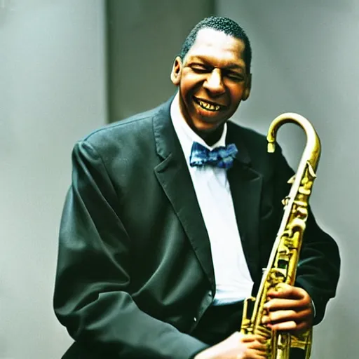 Prompt: realistic photo of old john coltrane at age 7 6, smiling, vintage colorized photo