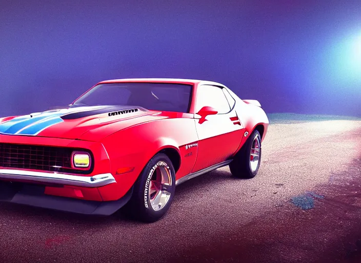 Prompt: retro wave picture of a black camaro mach 1, red and blue reflections, backlit, soft focus