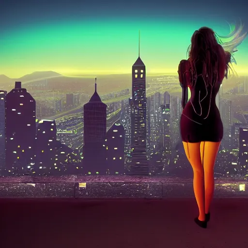 Image similar to cyberpunk girl looking to the city at sunset