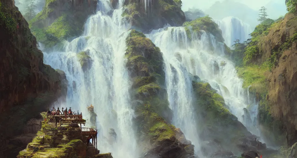 Prompt: A beautiful digital painting of train bridge, waterfall, lovely valley by Stanley Artgerm Lau, frank frazetta, Rossdraws, James Jean, gerald brom, Andrei Riabovitchev, Marc Simonetti, and Sakimichan, trending on artstation