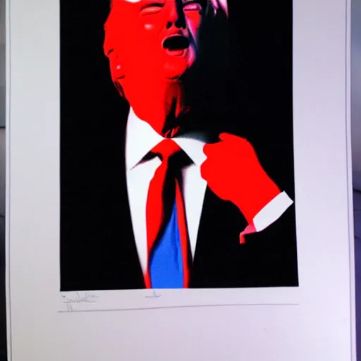 Image similar to trump in a suit and tie with a creepy face, a screenprint by warhol, reddit contest winner, antipodeans, hellish, anaglyph filter, hellish background