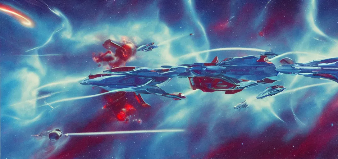 Prompt: a starship and spaceship battle frozen in time, red lasers blasting, amidst a blue nebulae, cinematic framing, in the style of roger dean
