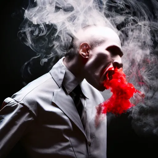 Prompt: dracula exhaling a huge smoke cloud of blood, award winning conceptual photography