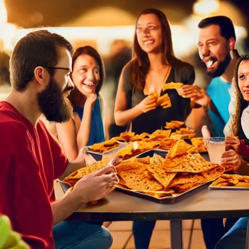 Image similar to jesus and his disciples having a fun dinner at an arcade splitting nachos