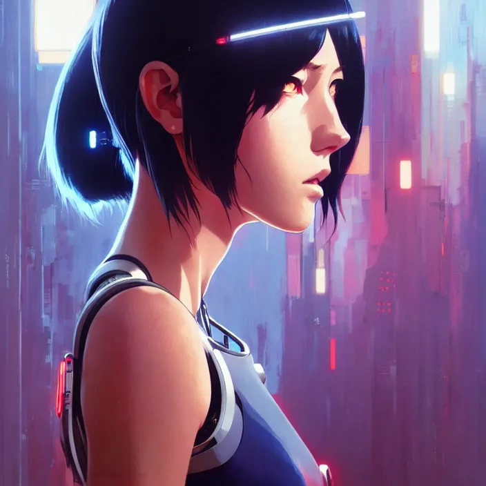 Image similar to side portrait of cyborg girl | | audrey plaza, fine detail!! anime!! realistic shaded lighting!! poster by ilya kuvshinov katsuhiro otomo ghost - in - the - shell, magali villeneuve, artgerm, jeremy lipkin and michael garmash and rob rey