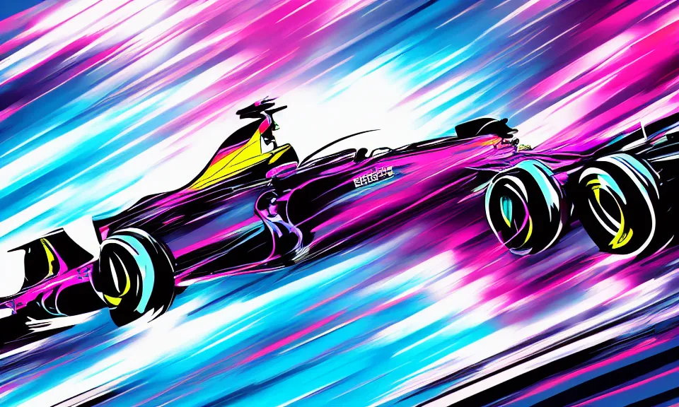 Image similar to formula one car, synthwave illustration, motion blur