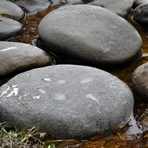 Image similar to detailed footage of european hunger stones in a river, photographic journalism, realistic, european river, carvings of drought and famine