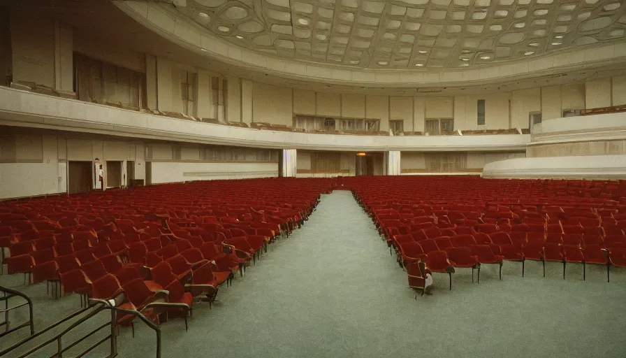 Prompt: 60s movie still of a sovietic stalinist style empty congress palace, cinestill 800t 50mm eastmancolor, liminal Space style, heavy grain-s 150