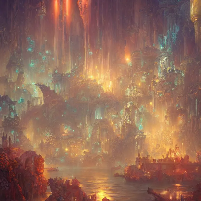 Prompt: a beautiful painting of the city of atlantis, with glowing lights, corals and jellyfish, intricate, elegant, highly detailed, digital painting, artstation, concept art, by krenz cushart and artem demura and alphonse mucha