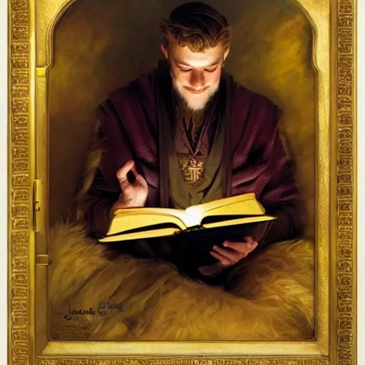 Image similar to stunning male master wizard reading his forbidden magical book, highly detailed painting by gaston bussiere, craig mullins, j. c. leyendecker, 8 k