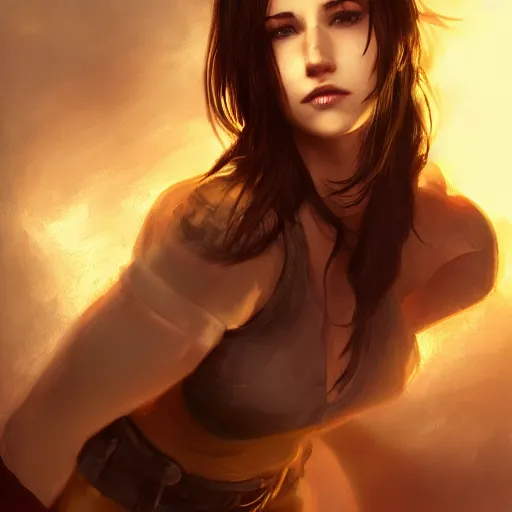 Image similar to charismatic seductive tifa lockhart portrait, atmospheric lighting, painted, intricate, volumetric lighting, beautiful, golden hour, sharp focus, ultra detailed, by leesha hannigan, ross tran, thierry doizon, kai carpenter, ignacio fernandez rios